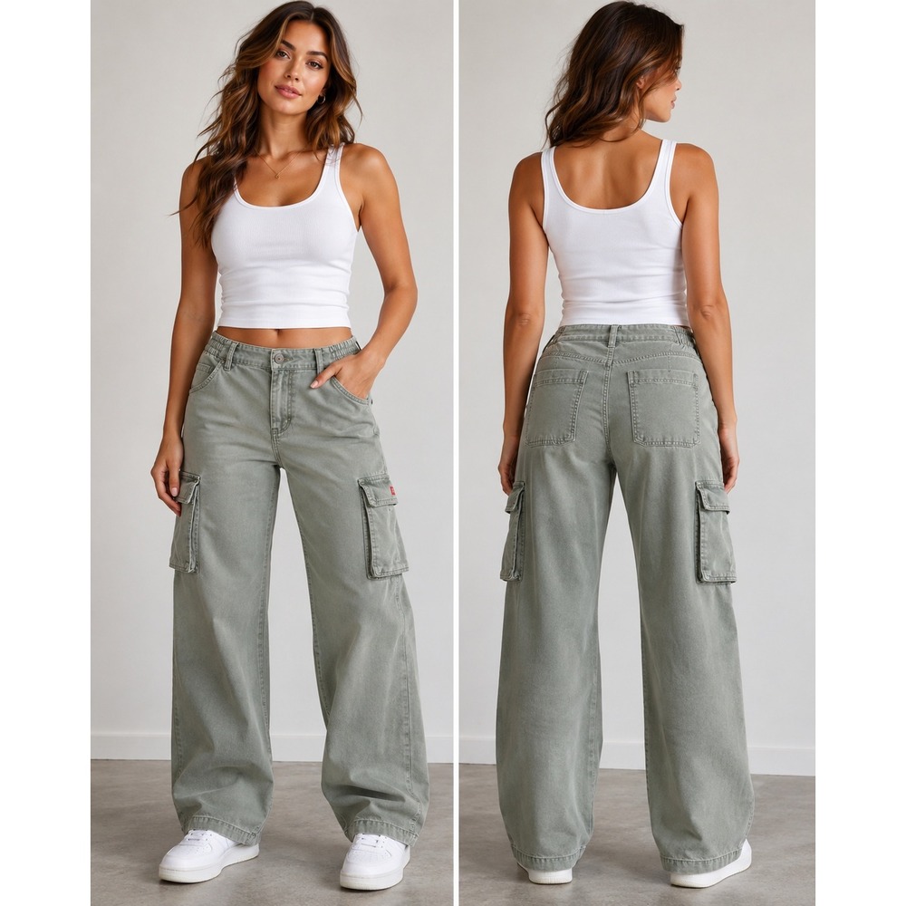 American Eagle Cargo Pants Womens 2 Blue Gray Stretch Wide Leg Utility